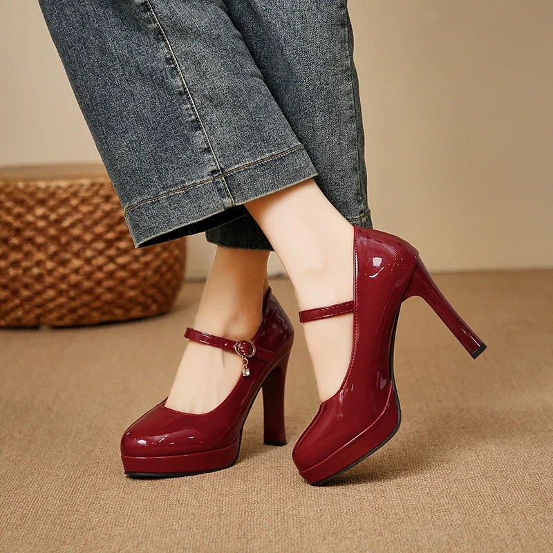 Women's classic round-toe platform heels with thick soles for 2026 summer featuring smooth leather texture Sizes available:35-42