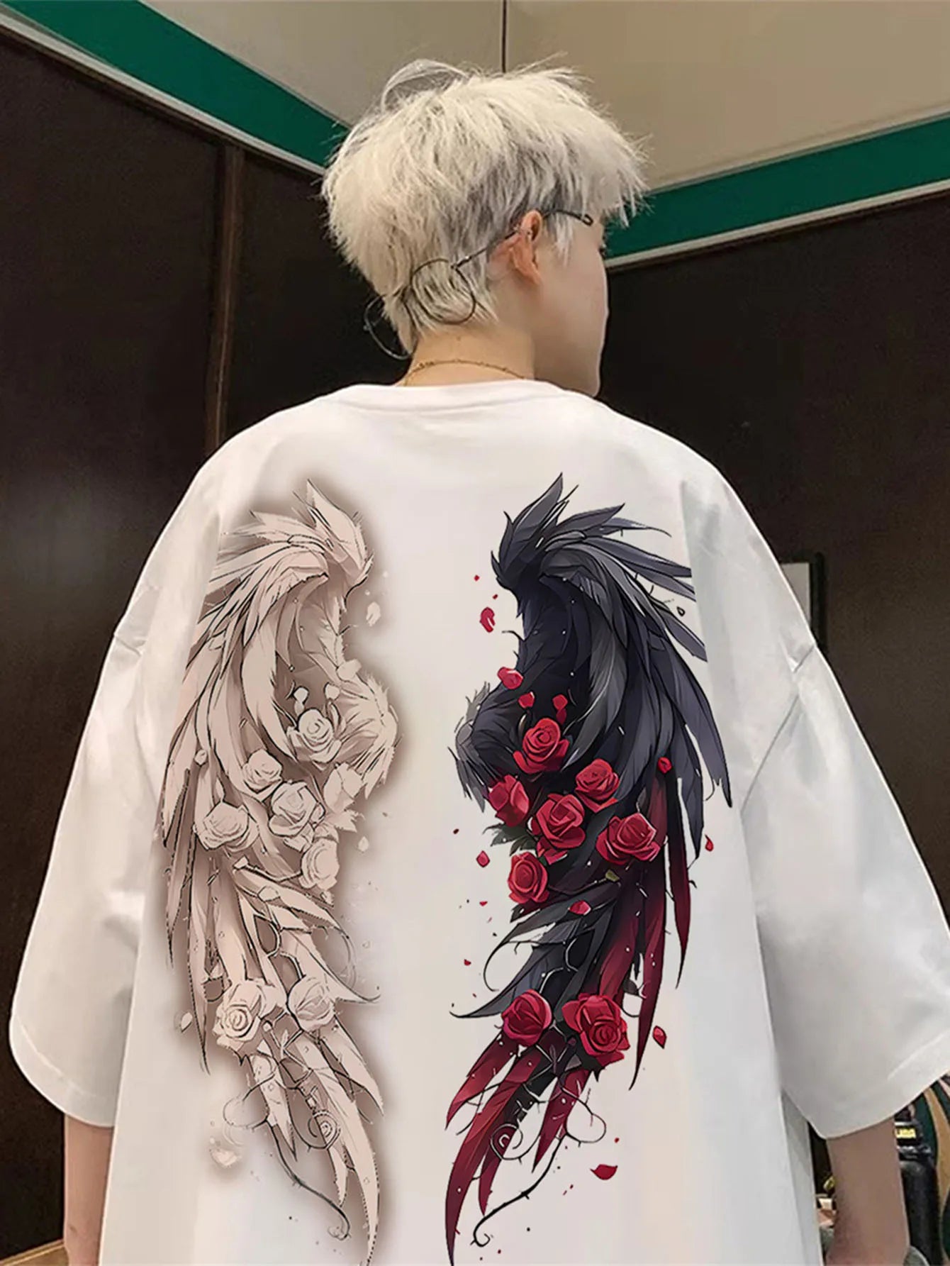 Fashionable men's summer personalized angel wing print, comfortable and breathable round neck T-shirt outdoor street top