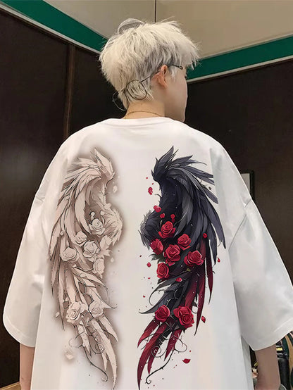Fashionable men's summer personalized angel wing print, comfortable and breathable round neck T-shirt outdoor street top