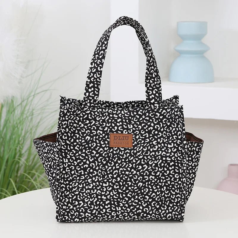 New floral print thickened fabric handbag, lunch bag, portable lunch box storage bag, zipper design, multifunctional tote