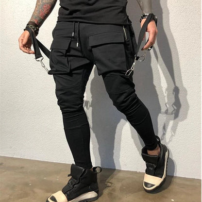 Men Running Stretch Tights Sweatpants Sports Absorbing Breathable Fitness Casual Cotton Multi Pocket Pants Slim Leggings