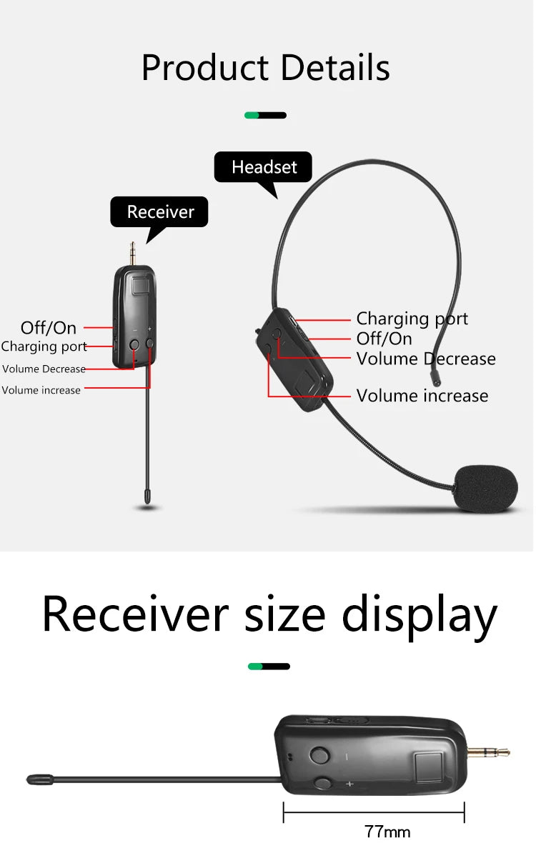 2.4G Head-mounted Wireless Lavalier Microphone Set Transmitter with Receiver for Amplifier Voice Speaker Teaching Tour Guide