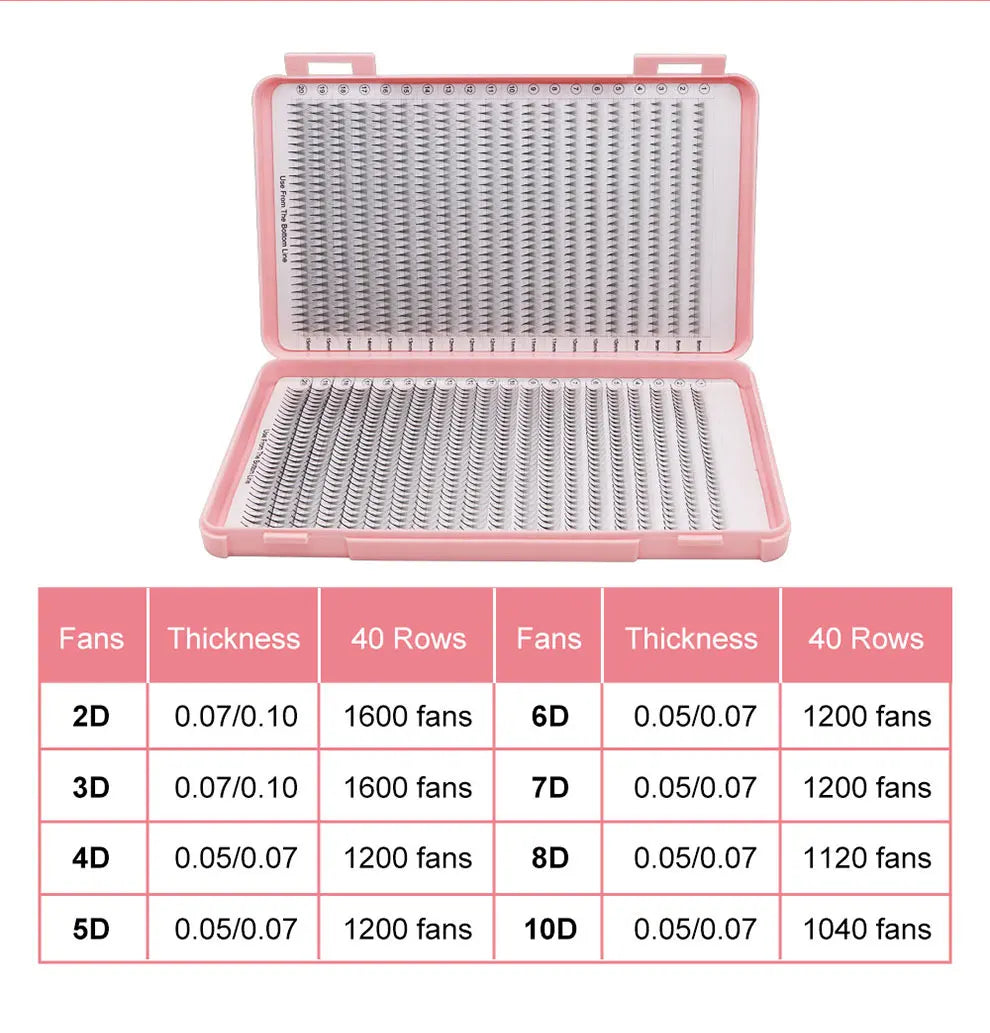 40Rows Handmade Eyelash Extensions Mega Trays Premade Narrow Volume Fans Ultra Dark Pointy Base for Professional Use