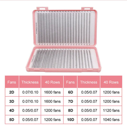 40Rows Handmade Eyelash Extensions Mega Trays Premade Narrow Volume Fans Ultra Dark Pointy Base for Professional Use