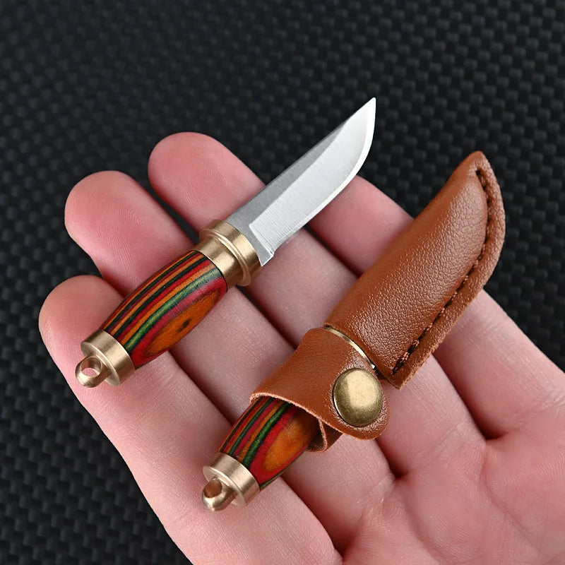 Portable Mini Knife Brass Wood Unboxing Hollow Blade EDC Fixed Blade Leather Cover Cutter Outdoor Surivival Tools Gift
