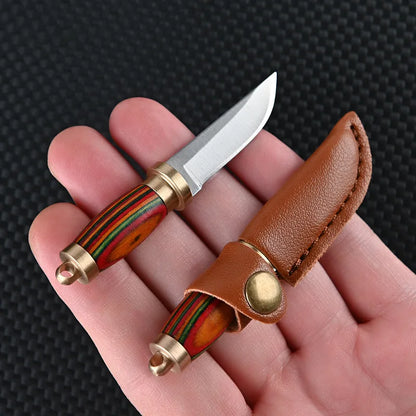 Portable Mini Knife Brass Wood Unboxing Hollow Blade EDC Fixed Blade Leather Cover Cutter Outdoor Surivival Tools Gift