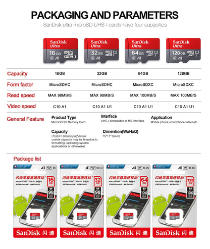 SanDisk 100% Original Memory Card 128GB 64GB 32GB A1 Micro SD Card Class 10 UHS-1 TF Flash Card for Samrtphone/PC