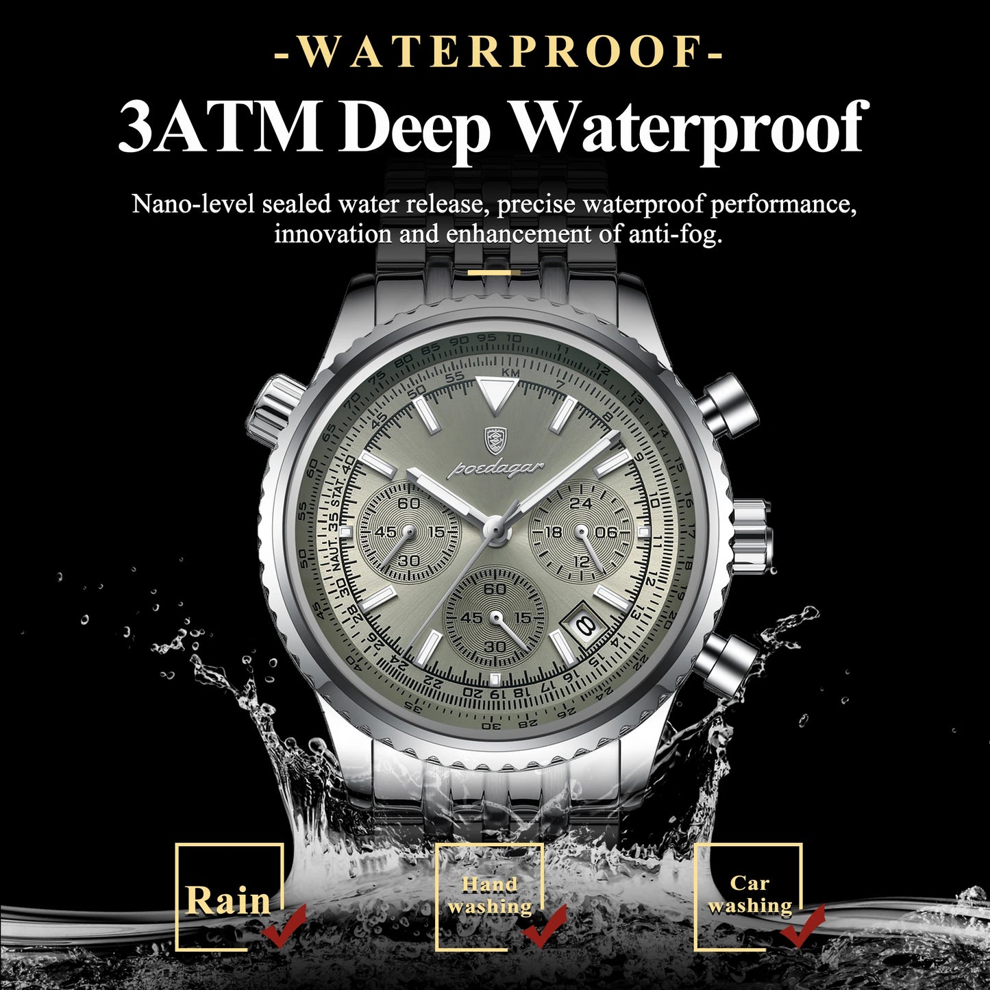 POEDAGAR Luxury Fashion Men Watch Stainless Steel Waterproof Luminous Quartz Male Clock Date Chronograph Military Men's Watches