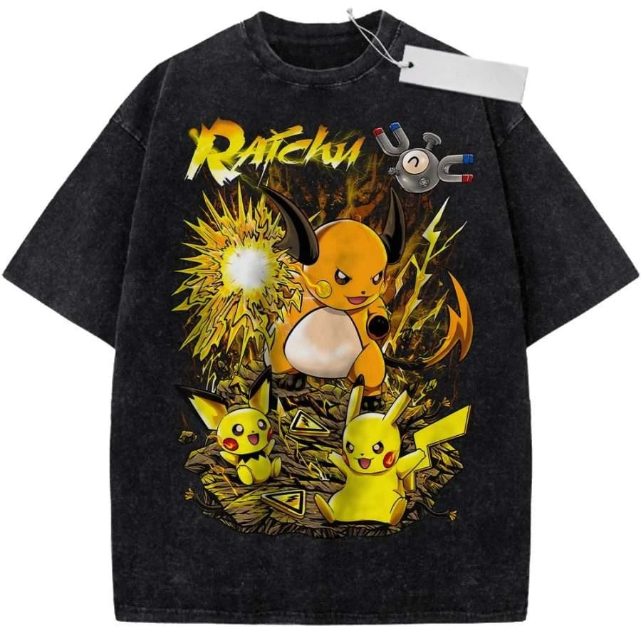 Oversize Vintage Washed Pokemon T Shirt Cute Mimikyu Cartoon with Small Ghost Companion Graffiti Print Streetwear Casual Wear