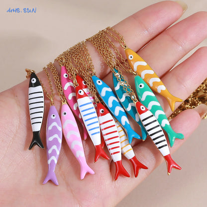 Cute Colorful Enamel Fish Pendant Necklaces For Women Girls Lovely Stainless Steel Gold Color Summer Waterproof Beach Jewelry