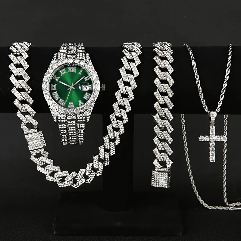 4PCS Luxury Rhinestone Men Quartz Watch Hip-pop Jewelry Set Fashion Roma Dial Calendar Quartz Wristwatch（Without Box）