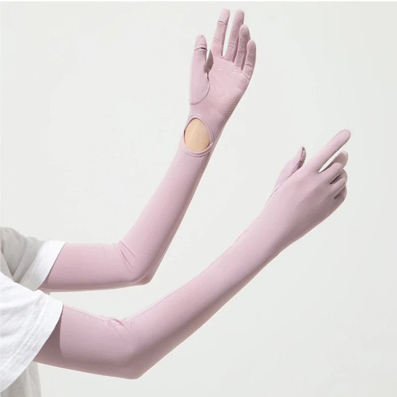 56.5CM Women Summer Ice Silk Sunscreen UV Protection Long Clamshell Gloves Elasticity Antiskid Quick Drying UPF 50+ Adjustable