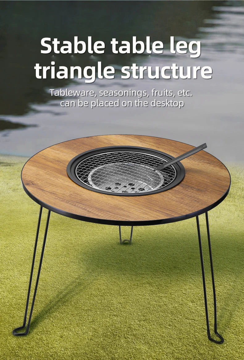 Fireplace Small Round Table Foldable Fire Pit Pot Outdoor Multifunctional Portable Camping Barbecue Table Set