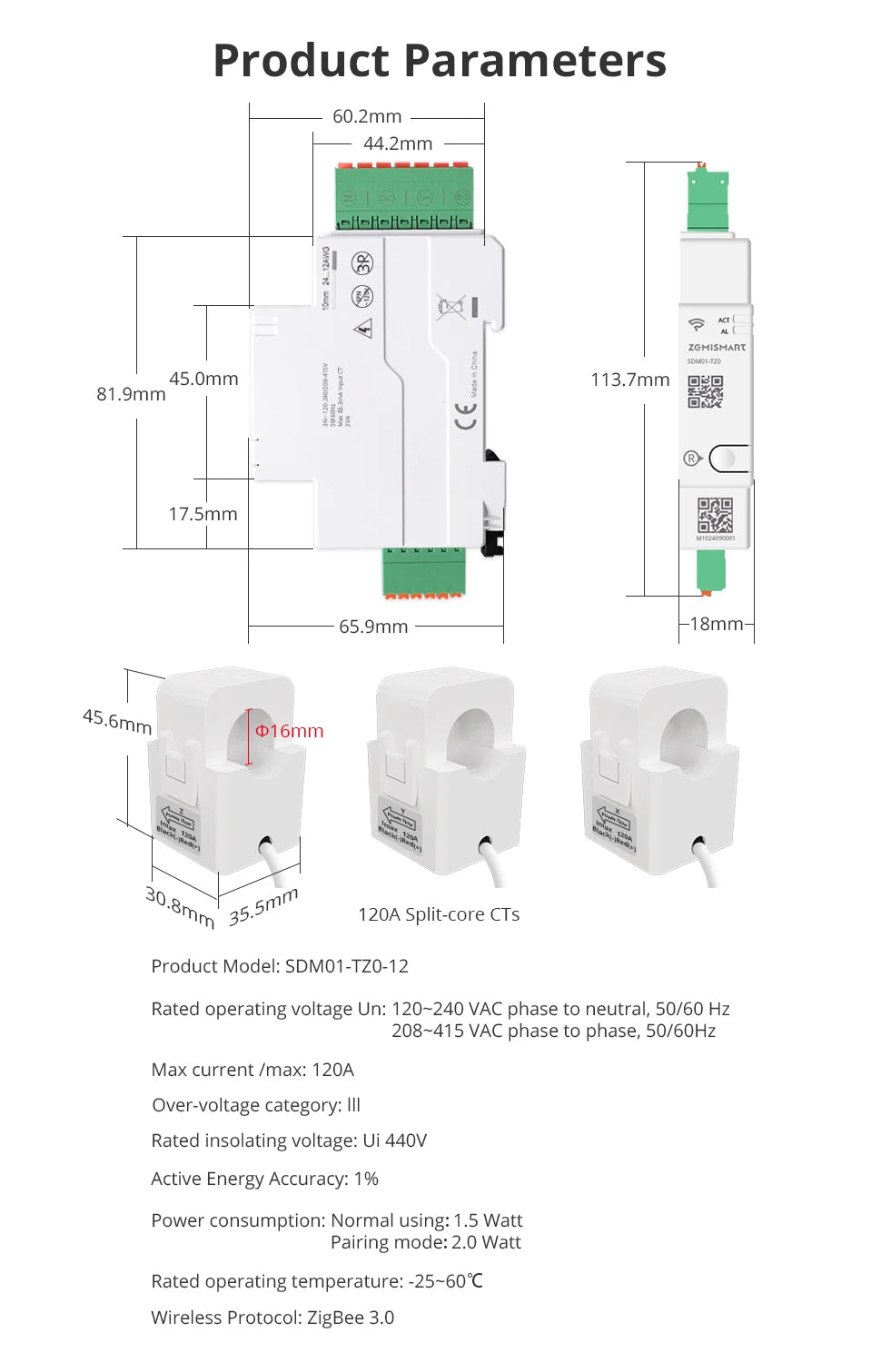 Zemismart 120A Zigbee WiFi 3 Phase Energy Meter Smart Din-rail Power Monitor Withdrawable Split-core CTs Works with Tuya App