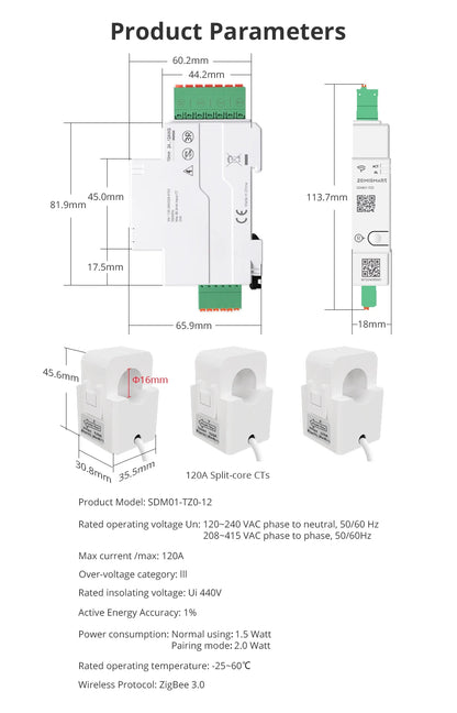 Zemismart 120A Zigbee WiFi 3 Phase Energy Meter Smart Din-rail Power Monitor Withdrawable Split-core CTs Works with Tuya App