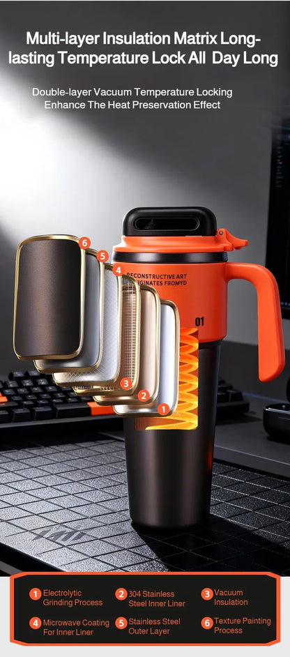 1L 304 Stainless Steel Vacuum Insulated Water Bottle One Touch Flip Lid Thermos Mug with Straw Handle for Car Travel Home Daily
