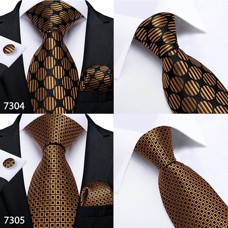 Fashion Men Tie Luxury Gold Black Dot Striped Paisley Silk Wedding Tie For Men DiBanGu Designer Hanky Cufflinks Gift Tie Set