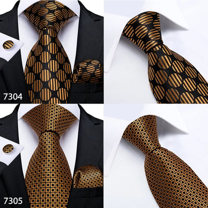 Fashion Men Tie Luxury Gold Black Dot Striped Paisley Silk Wedding Tie For Men DiBanGu Designer Hanky Cufflinks Gift Tie Set