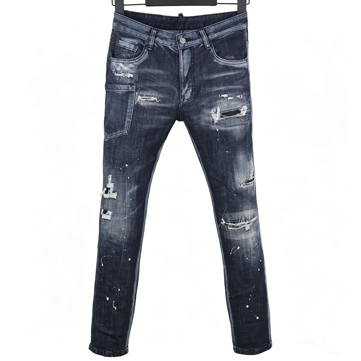 6060 Four Seasons New Men's Washed Ripped Patch Old Slim-fit Straight Black Jeans for Men