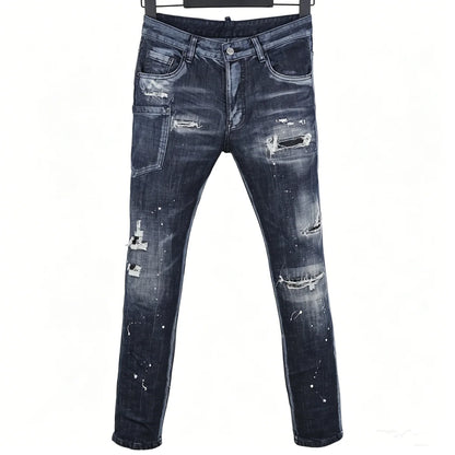 6060 Four Seasons New Men's Washed Ripped Patch Old Slim-fit Straight Black Jeans for Men