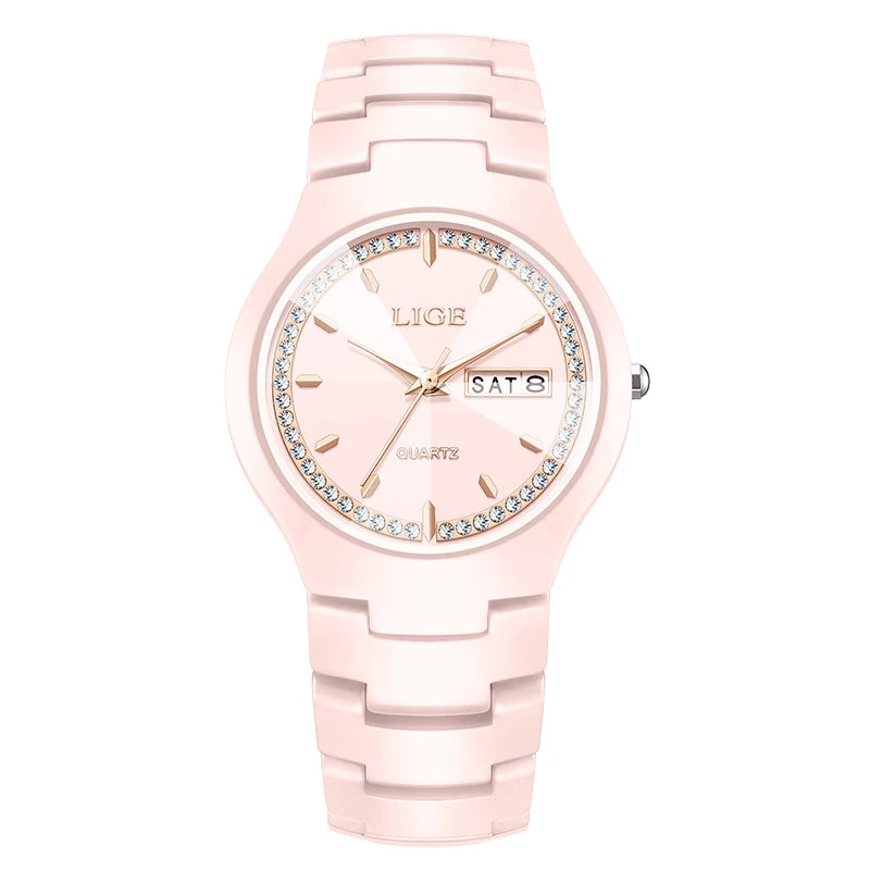 LIGE Women's wristwatch elegant women's watch ceramic quartz waterproof clock week calendar fashion Watch for Women reloj mujer