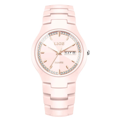 LIGE Women's wristwatch elegant women's watch ceramic quartz waterproof clock week calendar fashion Watch for Women reloj mujer