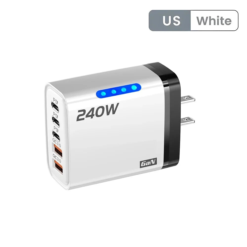 240W GaN 2USB+3Type C Desktop Phone Charger With LED Light Multi Ports Quick Charge 3.0 Adapter For iPhone Samsung Huawei Tablet