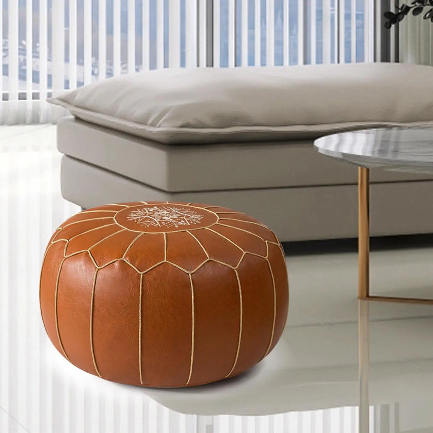 Premium PU Pouf Cover Round Ottoman Seat Cushion for Home Seating and Footrest Use