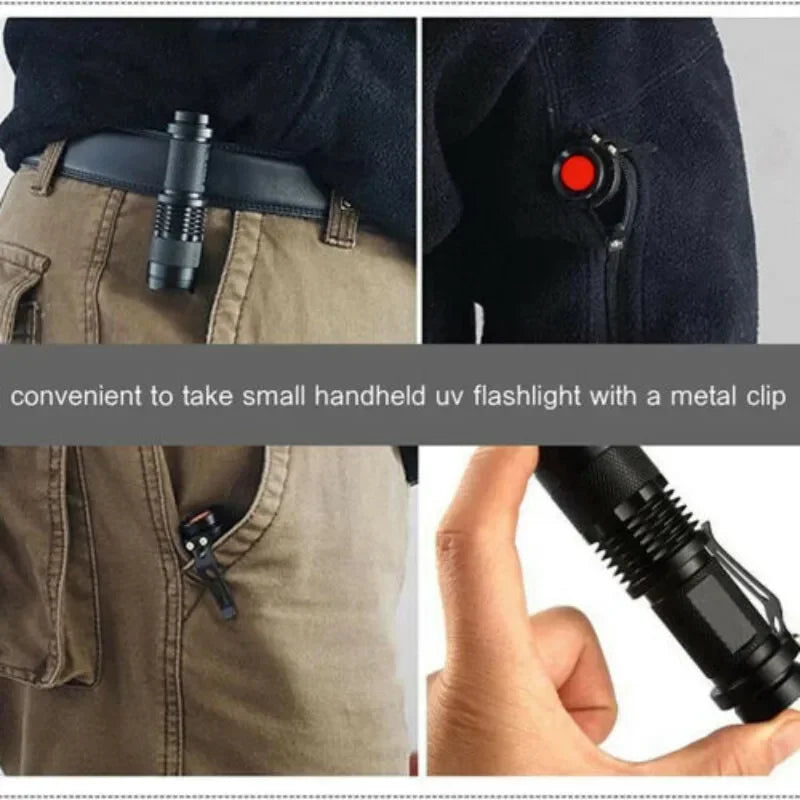 Portable UV Flashlight 365-395nm Black Light Flashlights Ultraviolet Zoomable Torch Pet Urine Stains Fluorescent Agent Detector