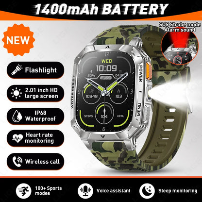 LIGE Military 1400mAh Smart Watch For Men 2.01" HD Screen Waterproof 100+Sports Mode LED Flashlight Smartwatch For Android iOS