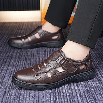Men's Slip-On Loafers Summer Cowhide Breathable Leather Shoes Comfortable Wear-Resistant Anti-Slip Casual Footwear-705