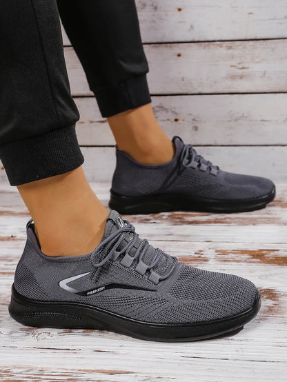 Men Breathable Knitted Running Shoes Anti Slip Trainers Arch Support Shock Absorbing EVA Sole Low Top Lace Up Sports Footwear
