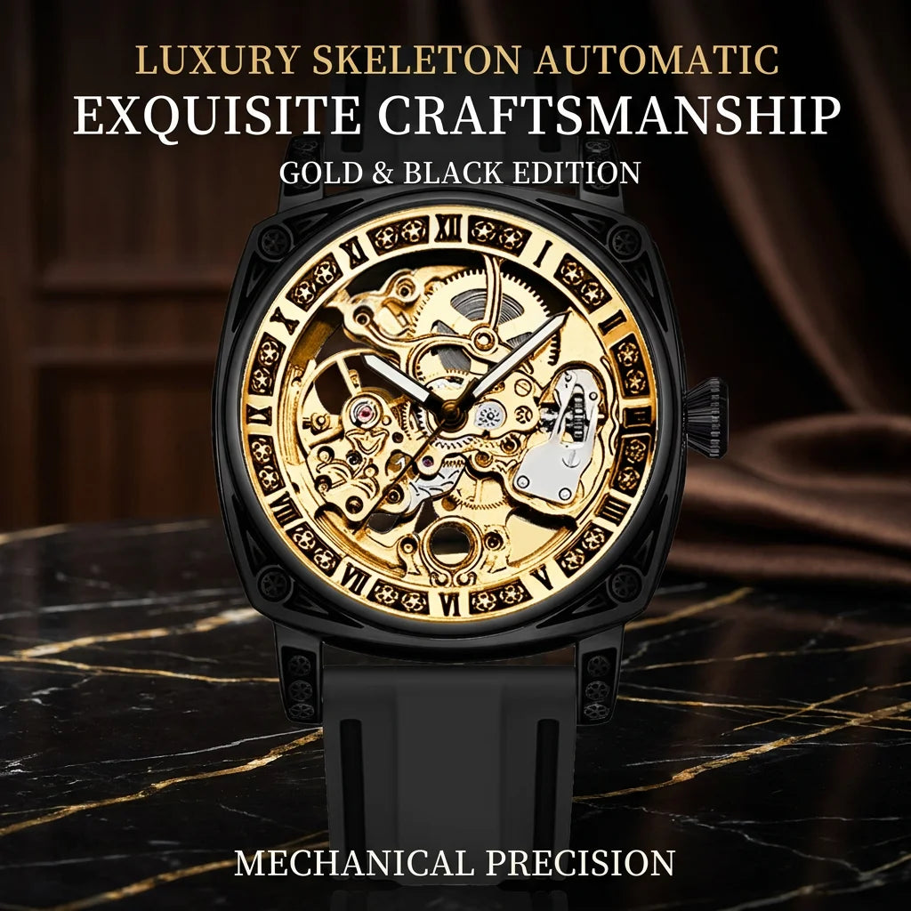 1pcs Men's gold dial silicone strap vintage fashion skeleton gear luxury details Mechanical Watch for daily business party holid