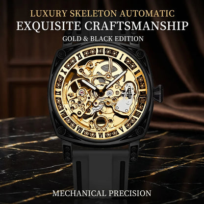 1pcs Men's gold dial silicone strap vintage fashion skeleton gear luxury details Mechanical Watch for daily business party holid