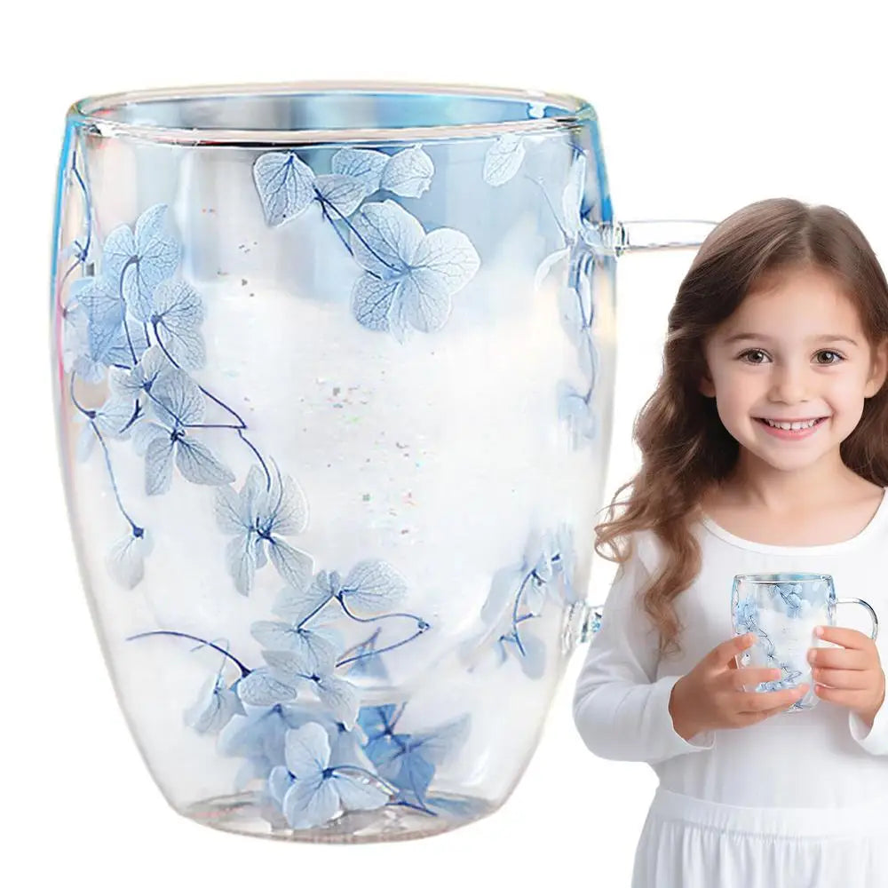 Insulated Layer Flowers Coffee Cup Double Walled Glass Coffee Mug Handle Anti-Scald Glass Mugs Dried Flowers Heat Insulation cup