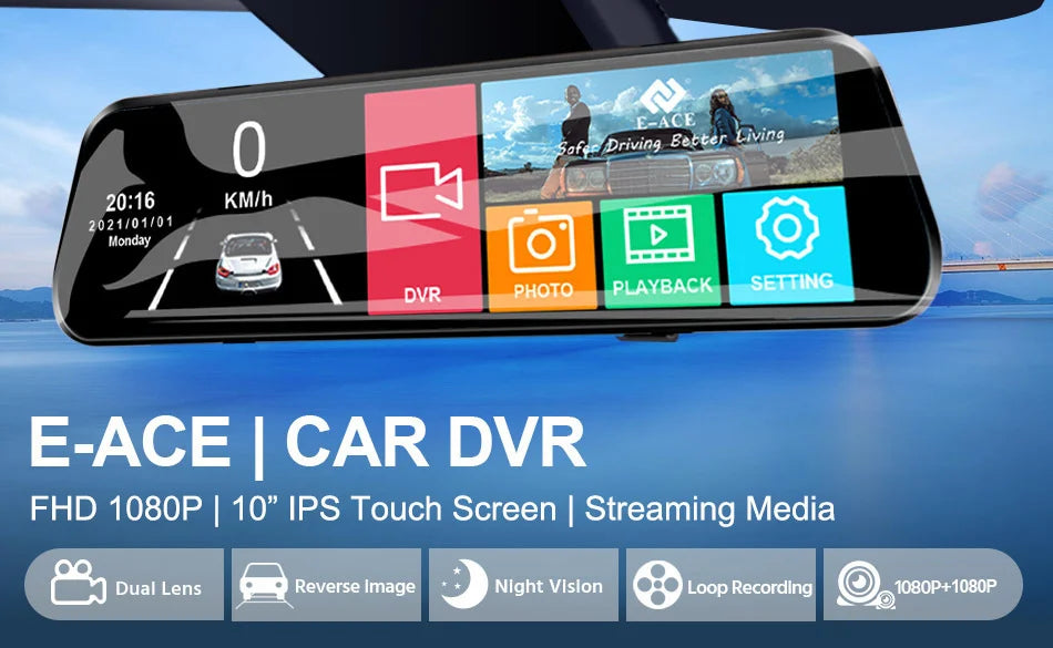 E-ACE 10 Inch Car DVR Mirror Video Recorder 1080P Touch Screen Dashcam For Car AHD Lens Streaming Driving Recorder Dash Camera