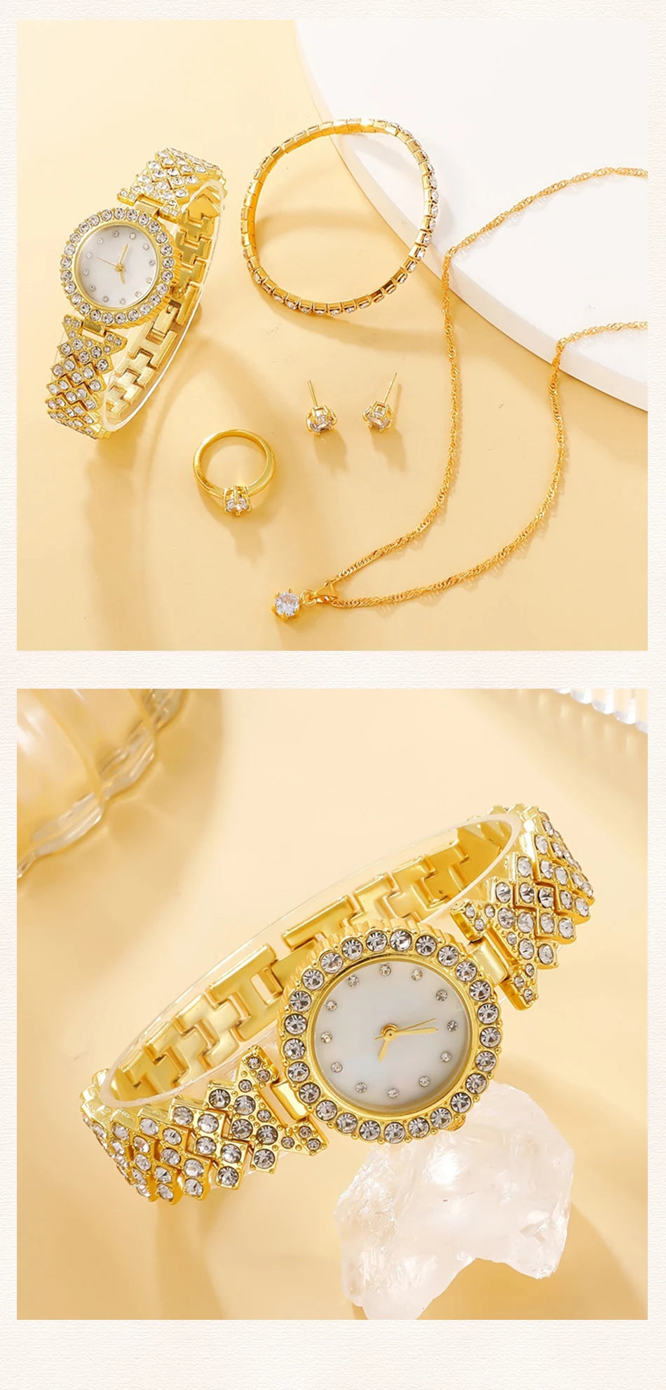 6PCS Set Luxury Watch Women Ring Necklace Earring Rhinestone Fashion Wristwatch Casual Ladies Watches Bracelet Set Clock