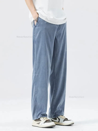 Ultra Thin Baggy Jeans Men's Summer New in Lyocell Soft Breathable Straight Trousers Elastic Waist Casual Blue Gray Wide Pants