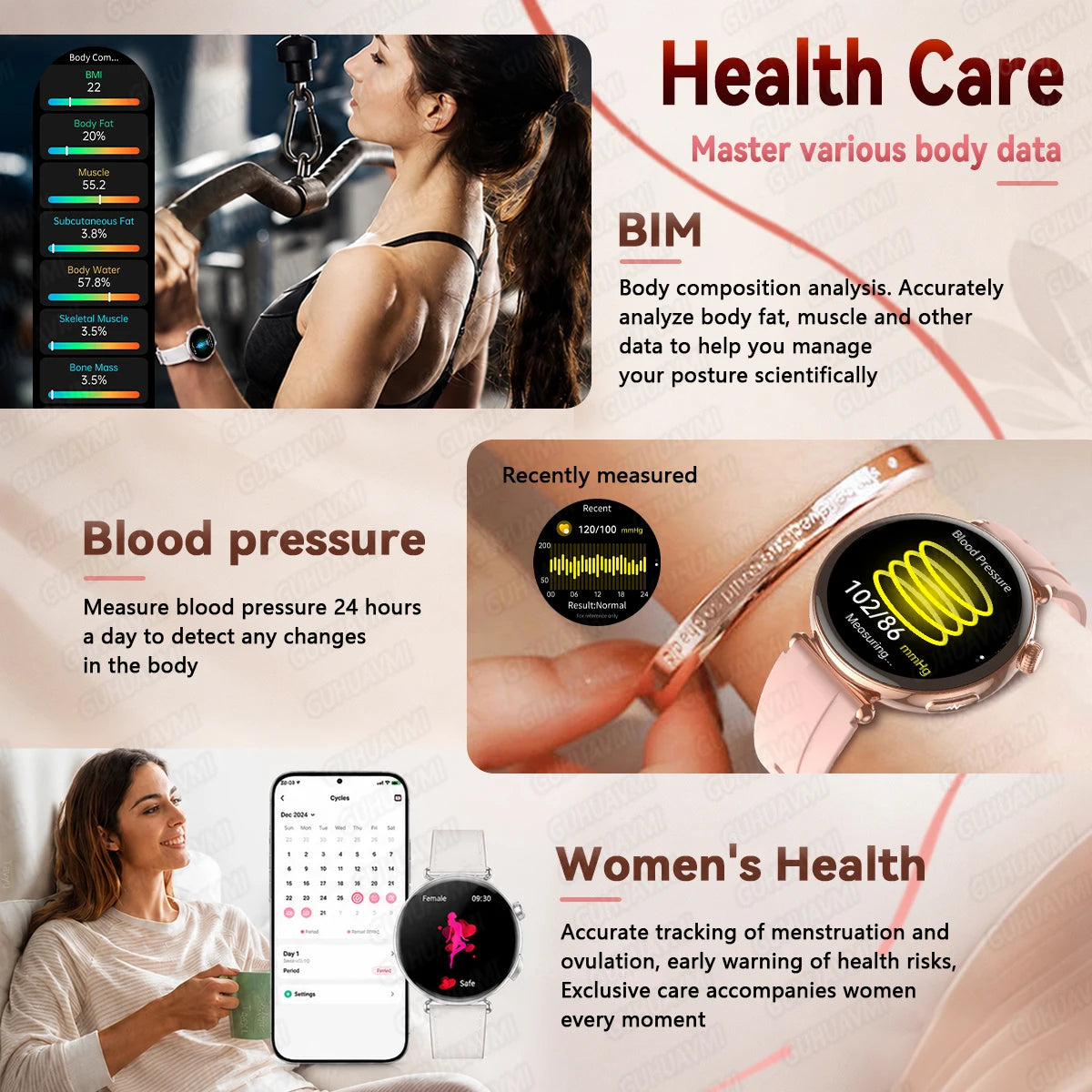 2026 New Women's Health Care Smartwatch ECG Blood Pressure Uric Acid Blood Lipids Sports IP68K Bluetooth call Fashion Smartwatch