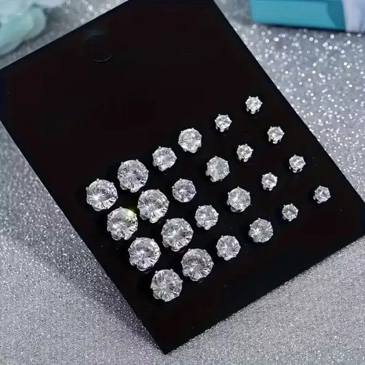 12 Pairs Set Stainless Steel Stud Earrings with Gemstone Buds Round Earrings Unisex Fashion Jewelry Gifts