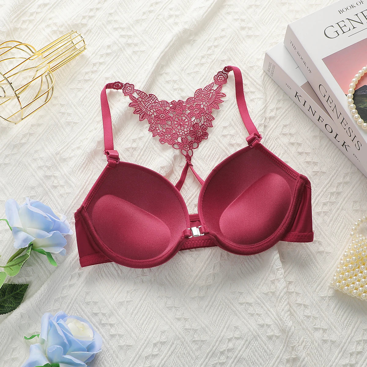 Women Racerback Front Closure Bra and Panty Set Floral Push Up Underwire Bras with Matching Lace Panties for Everyday Wear