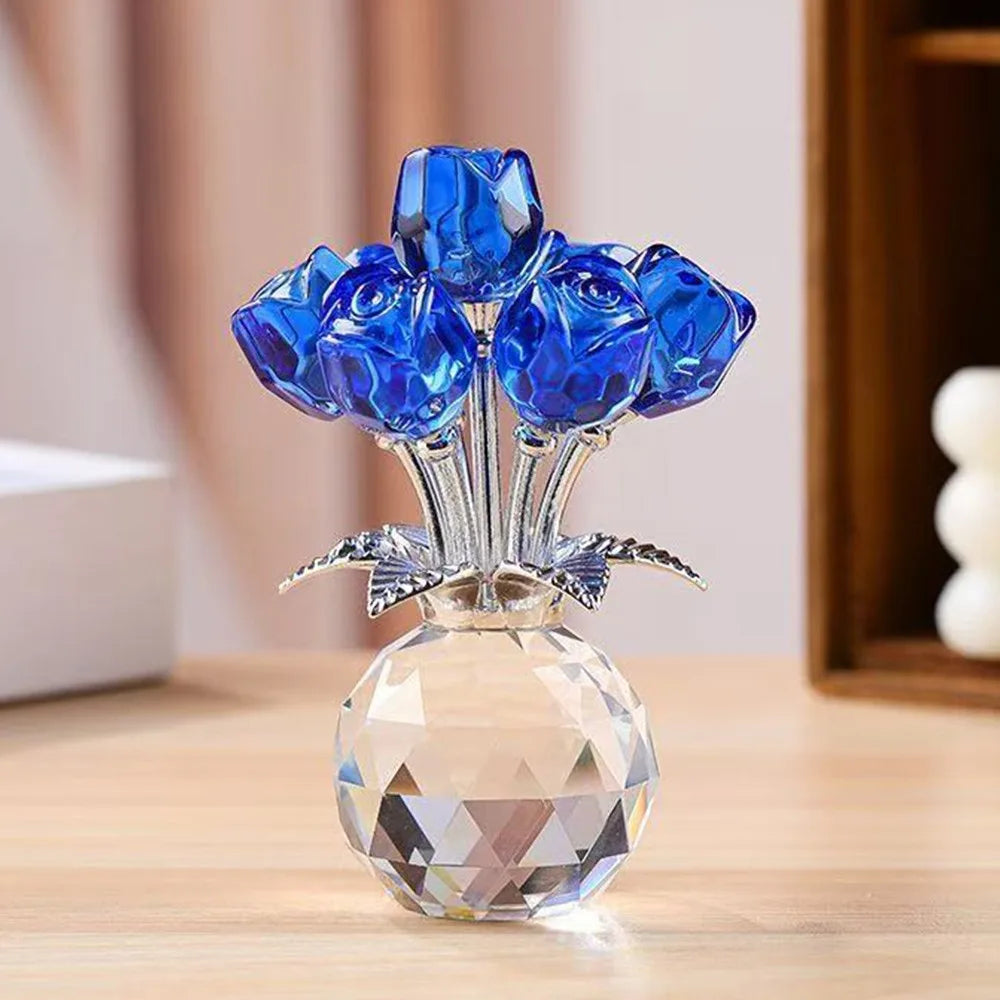 Creative Crystal Rose Sculpture Reflect Colorful Rose Bouquet Ornaments Small Handmade Crystal Rose Bundle Mother's Day