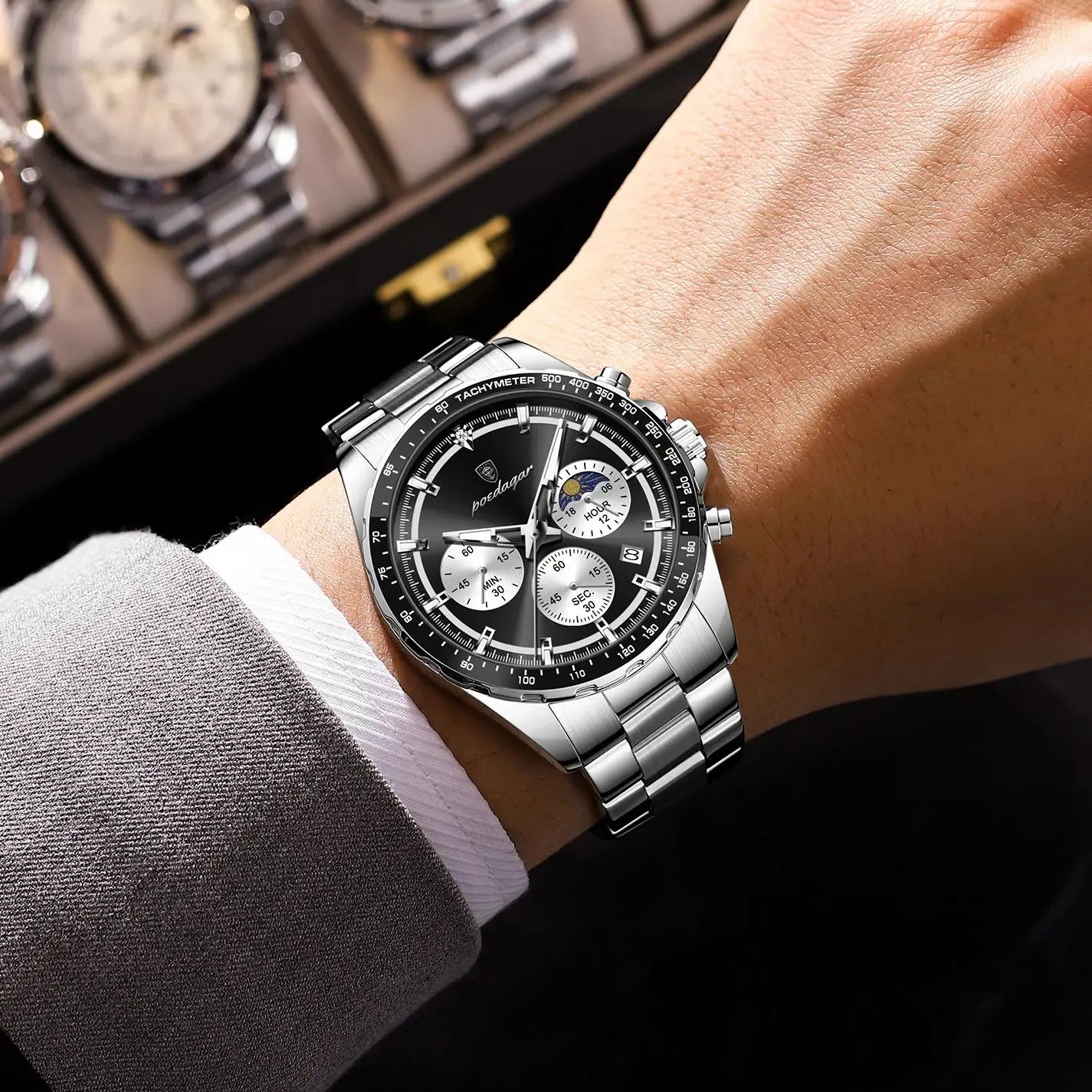 POEDAGAR Top Original Man Wristwatch Waterproof Stainless Steel Luminous Men Clock Chronograph Date Quartz Sports Men's Watches