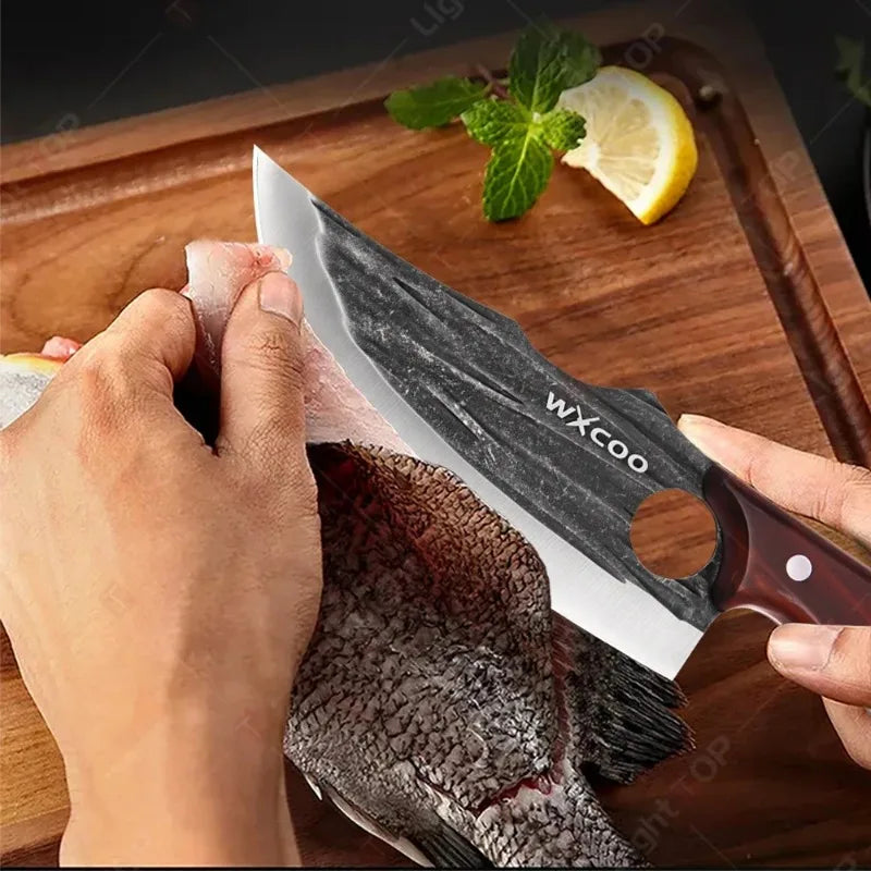 WXCOO Forged Butcher Knife Fish Boning Knife DIY Kitchen Stainless Steel Fruit Slicing Vegetable Chef Wooden Handle BBQ Cooking