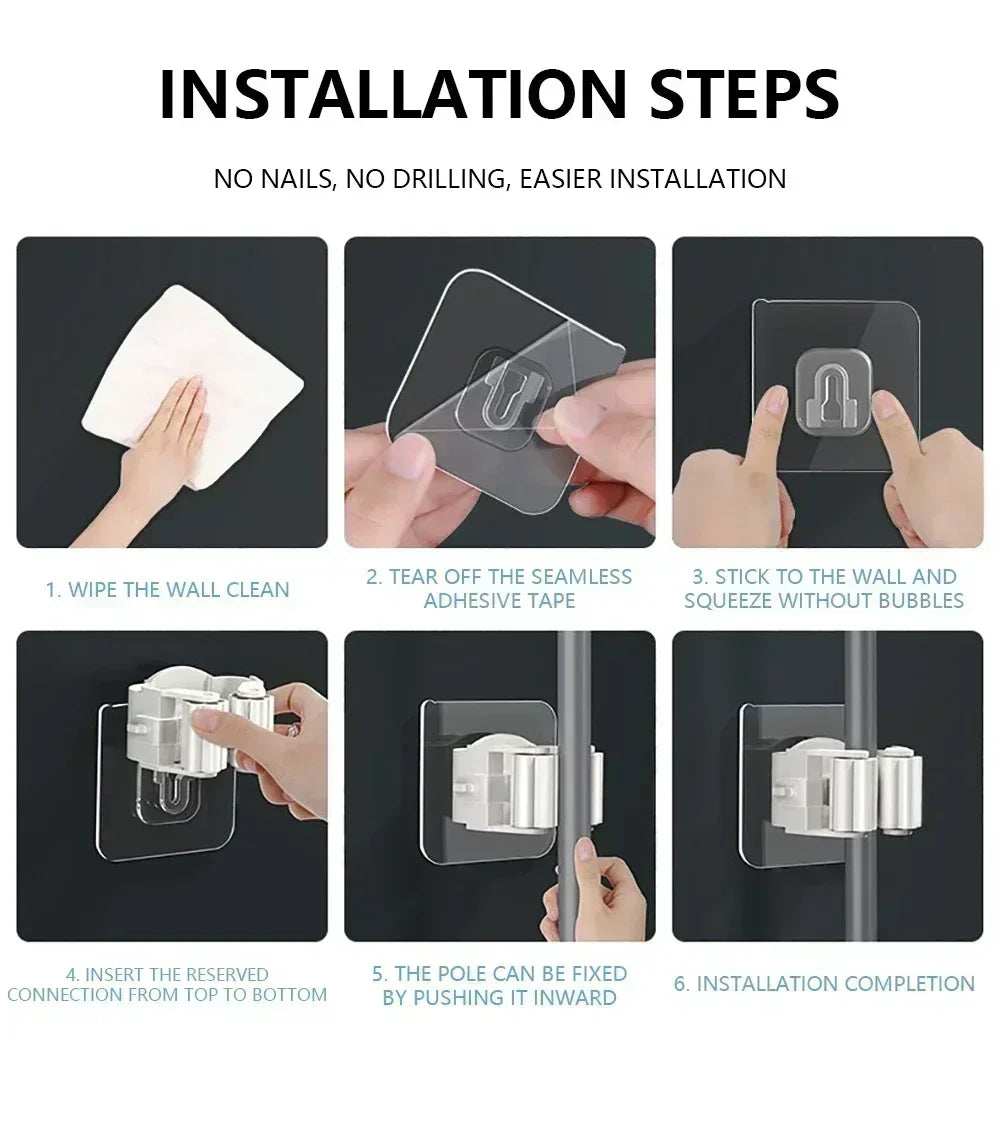 Self-adhesive Mop Holder Broom Stand Wall Mounted Mop Support Sweeping Brush Hook Storage Organizer Bathroom Kitchen Accessories