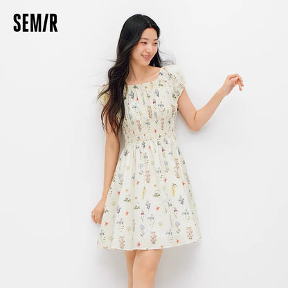 Semir Women Dress Bowknot Waist Print Floral Dress 2026 Summer Sweet Casual Style