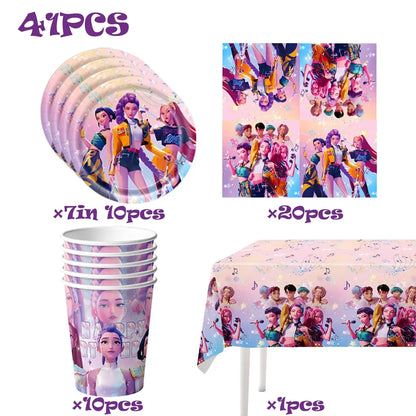 K-pop Kids Birthday Party Supplies All-in-One Decor Set-Paper Tableware Cups Candy Box Gift Bags Banner for Festive Celebrations