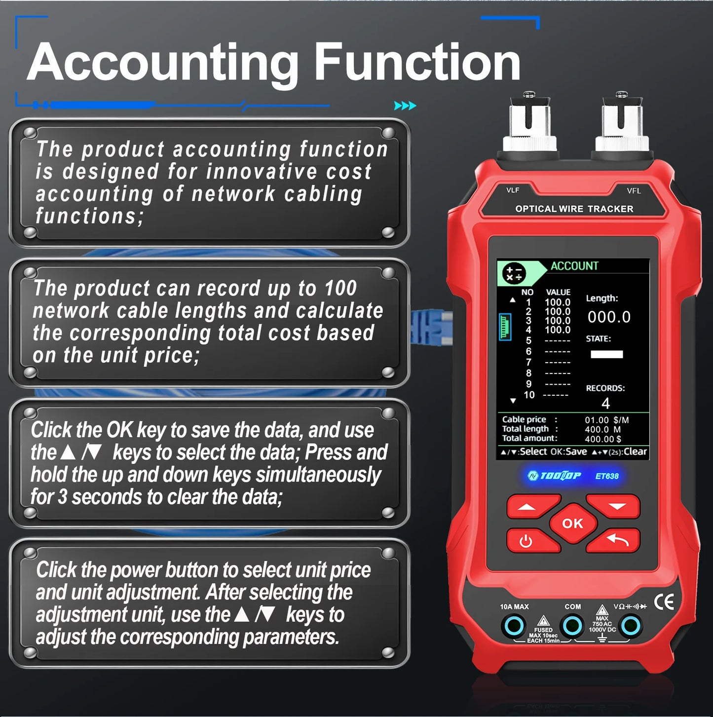 TOOLTOP Network Cable Tester 4 in 1 Multi-function Fiber Optical Power Meter Visual Fault Locator noise-free LAN Line Tracking