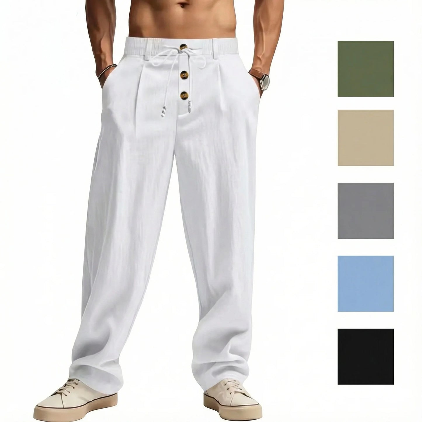 Men's Cotton Linen Long Pants Summer Solid Color Breathable Linen Trousers Male Casual Elastic Waist Casual Pants  Men ﻿