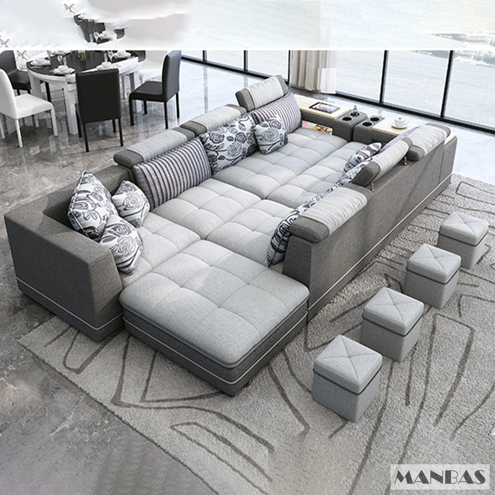 Modern U-Shaped Fabric Couch with Stools, Sectional Sofa Set with Storage Console & Cup Holder, Modular Corner Sofa with Pillows
